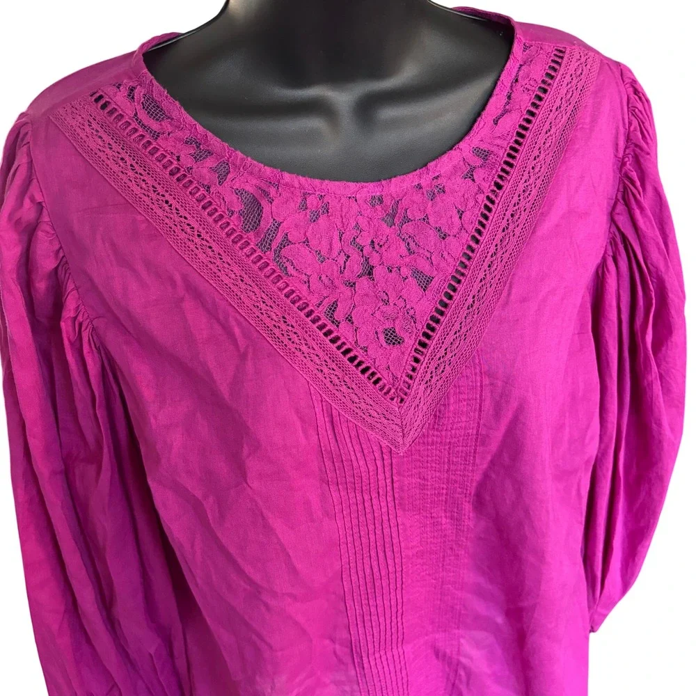 Farm Rio X Anthropologie Kelsie Peasant Blouse Sz M Purple Boho Puff Sleeve Lace